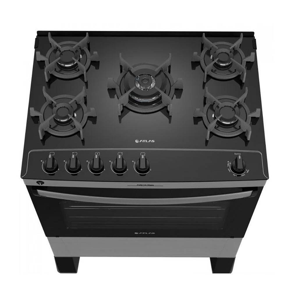 FOGAO GAS 5Q ATLAS AGILE UP GLASS INOX PISO BIVOLT 20 COD 300000887